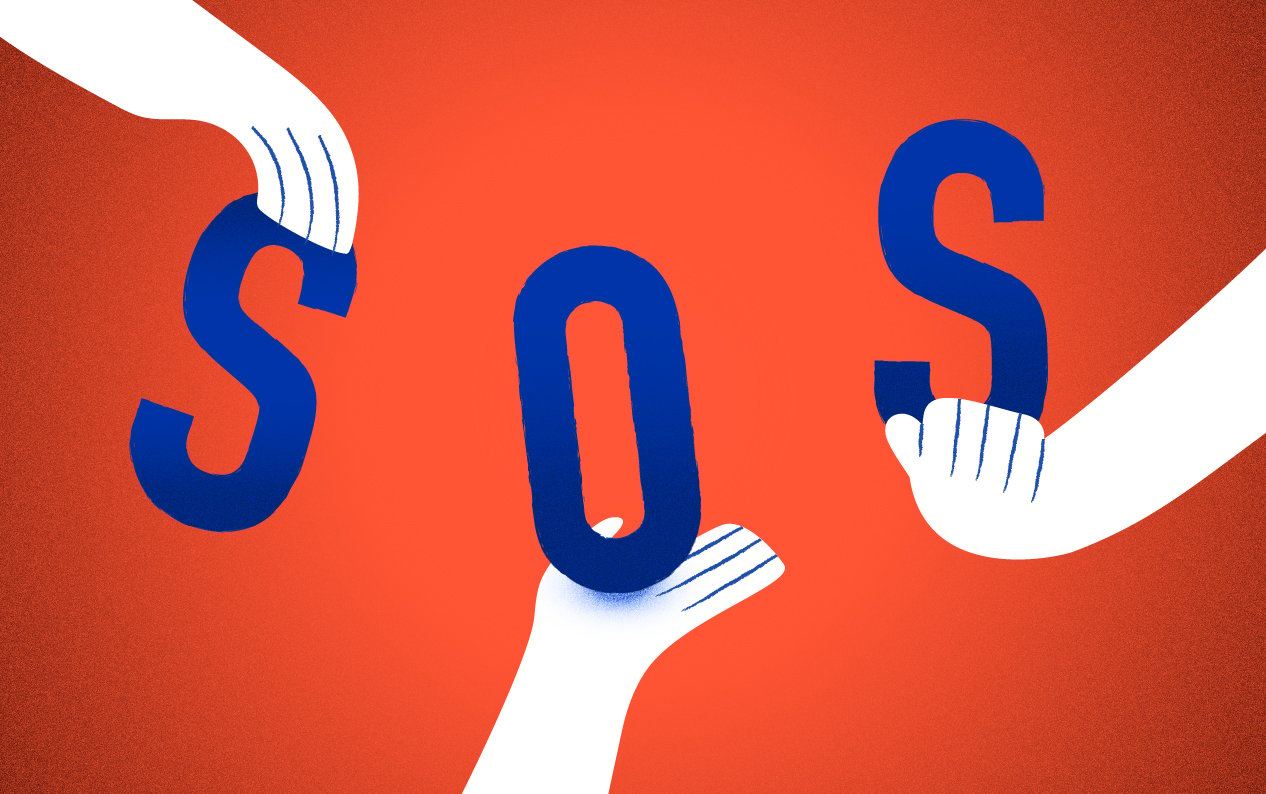 Tricolor illustration of three hands, each holding one letter, spelling out "SOS."